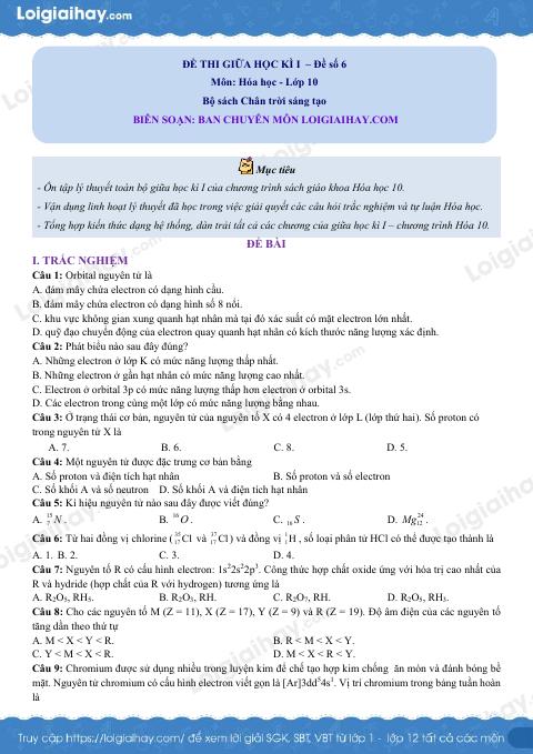 Đề thi giữa kì 1 Hóa 10 Chân trời sáng tạo - Đề số 6